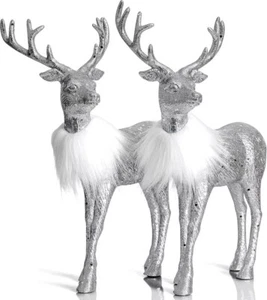 Silver Glitter Christmas Reindeer - Xmas Holiday Party Deer Figurine Statues Din - Picture 1 of 6