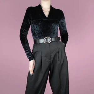 VINTAGE 80s 90s Crushed Velvet Navy Black Grunge Leotard Bodysuit Top XS 6 8 - Picture 1 of 13