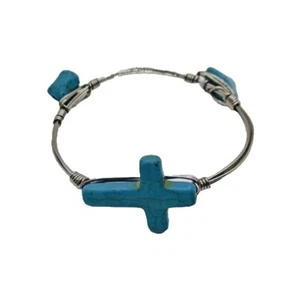 Women's Bangle Bracelet Faux Turquoise Cross and Stones Wire Wrapped Silver Tone - Imagen 1 de 5