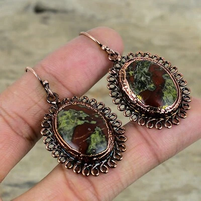Copper Oval Dragon Bloodstone Gemstone Electroformed Dangle Drop Bezel Earrings - Image 1 of 4