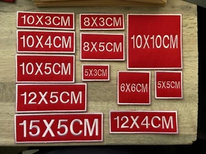 Embroidery Personalised Name Badges Patches Various Sizes Sew On Back Red&White - Picture 1 of 2