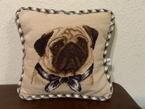Loie Wool Needlepoint Pug Dog W/Bow Tie Collar Pillow 11" x 11" Beige Velvet - Picture 1 of 14