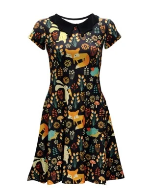 Floral Fox, Rabbit, Hedgehog Animal Nature Print Collar Skater Dress Fashion - Image 1 of 2