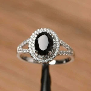 Anello di Fidanzamento Donna Diamante Ovale Nero Simulato 2 Ct In Oro Bianco Placcato 14K - Foto 1 di 7