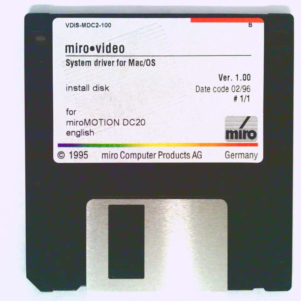 ✅ Miro Video~System driver~Mac/OS~Version 1.00~miroMOTION DC20~1993~3.5" Floppy - Image 1 of 1