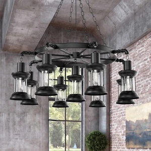 9-Light Vintage Industrial Iron Wagon Wheel Chandelier, - Picture 1 of 19