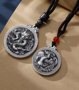 Collana carte rotonde argento 999 Dragon Phoenix puro argento - Foto 1 di 5