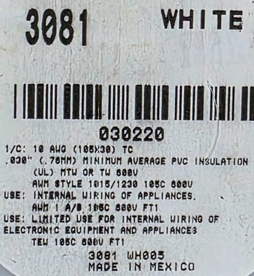 Roll of 1000 FT Alpha Wire 3081 Blue Single Conductor Hook up Wire 10 AWG 600 V