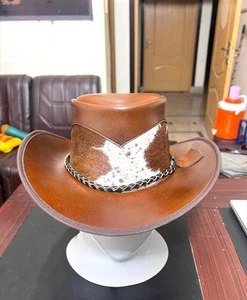 Hair on Hide Natural CowPrint Leather Cowboy Hat: Western Rodeo Victorian wide - Picture 1 of 3