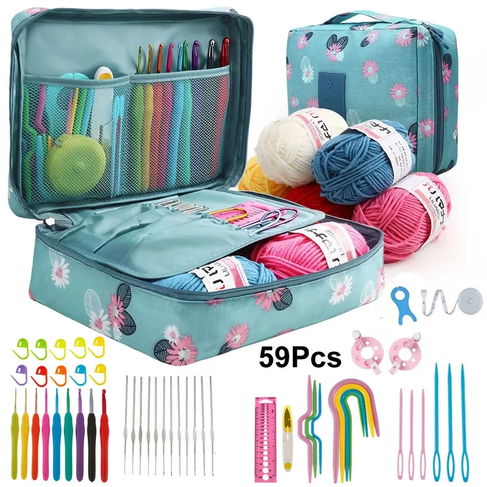 59Pcs Ergonomic Crochet Hook Set 5 Rolls Yarn Knitting Needles Kit for Starters