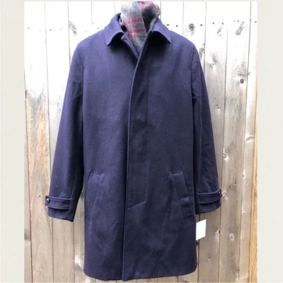 Lands' End Men's Wool Top Coat Navy Blue Overcoat Leather Trim Sz:S (34-36) *NEW - Image 1 of 4
