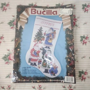 Bucilla 83055 Lotsa Santas Stamped Cross Stitch Stocking 18" Diagonal 1993 NEW - Picture 1 of 3
