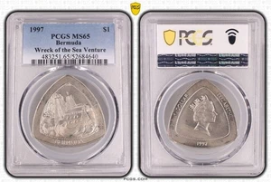 BERMUDA DREIECKIG 1$ UNC MÜNZE 1997 JAHR KM#95 SCHIFFSWRACK SEA VENTURE PCGS MS65 - Bild 1 von 3