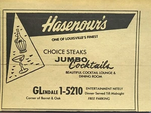 Hasenour's Louisville KY Choice Steaks Jumbo Cocktails Vintage Print Ad 1960 - Picture 1 of 4