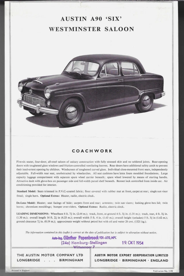 Austin A90 Westminster Saloon Specifications 1954 UK Single Sheet Brochure FAIR - Image 1 of 1