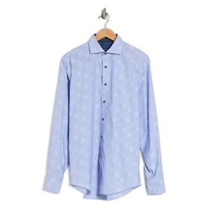 Bugatchi Dusty Blue Shaped Fit Circle Print Dress Shirt Size Large Neu mit Etikett - Bild 1 von 9