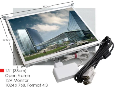 15" 38cm OPEN FRAME 12V INDUSTRIE MONITOR FÜRMAT 1024x768 4:3 DVI POWER ADAPT W1 - Bild 1 von 4