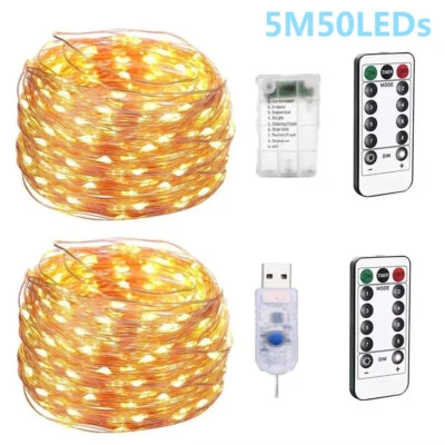 5M LED String Fairy Lights Battery USB Remote Control Timer Copper Wire Light - Image 1 of 4