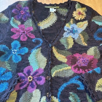 203 PERUVIAN CONNECTION ALPACA JEWEL TONE CARDIGAN Sweater Intarsia Crochet S - Image 1 of 4