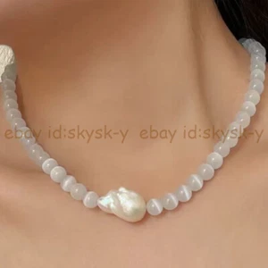 Natural White Opal Cat's Eye Round Gems Beads White Keshi Baroque Pearl Necklace - Picture 1 of 10