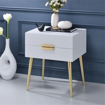 ACME Denvor Wood and Metal 2-Drawer End Table in White and Gold - Image 1 of 4