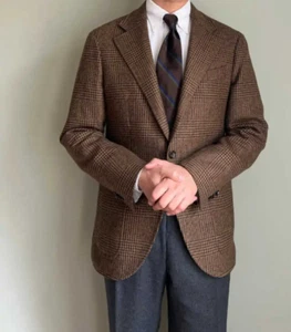 Business Single Breasted Men's Brown Houndstooth Suit Notch Lapel Groom Wedding - Picture 1 of 9