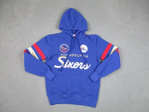 Vintage Philadelphia 76ers Sweater Womens L Blue Mitchell Ness Hoodie Basketball Cover