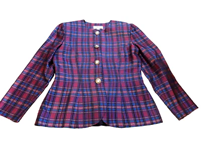 Jaqueta Talbots Blazer Antiga 12 Depeche Xadrez Roxo Vermelho Ouro Preto Metálico FAB! - Imagem 1 de 4