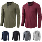 Men's Slim Pullover Button T-Shirt Solid Casual Round Neck Long Sleeve Tops US ♪