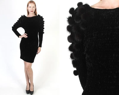 Vintage Black Bodycon Dress Mahogany Real Mink Fur Pom Pom Stretch Evening Mini - Image 1 of 4