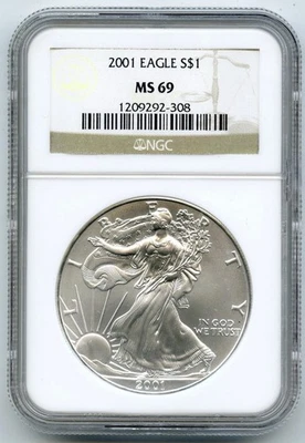 2001 American Eagle 1 Oncia Argento Dollaro NGC MS69 Certificato Lingotto - P607 - Immagine 1 di 2