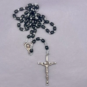 Vintage Jesus Madonna Black Beads Rosary Crucifix Italy Catholic 18" - Picture 1 of 6