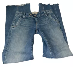 Paige Santa Monica Flare Leg Jeans Size 26 Medium Wash Distressed Raw Hems - Picture 1 of 9