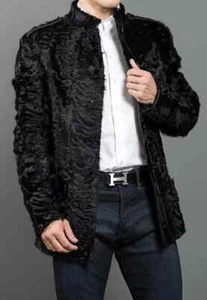 Men's Black Real Persian Lamb Fur Jacket Real Karakul Fur Jacket Coat - Picture 1 of 4