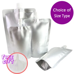 Multi-Size Silver Glossy Aluminum Mylar Stand Up Spout Pouches w/ Funnel - Picture 1 of 13