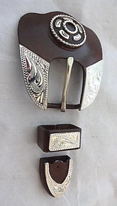 Poway 3 Piece Buckle Set Hansen Western Silver Overlay Iron 5/8" Headstall Belt - Picture 1 of 2
