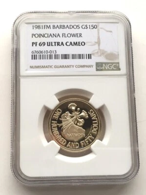 Barbados 1981 Flower Poinciana 150 Dollars NGC PF69 Gold Coin,Proof - Image 1 of 2