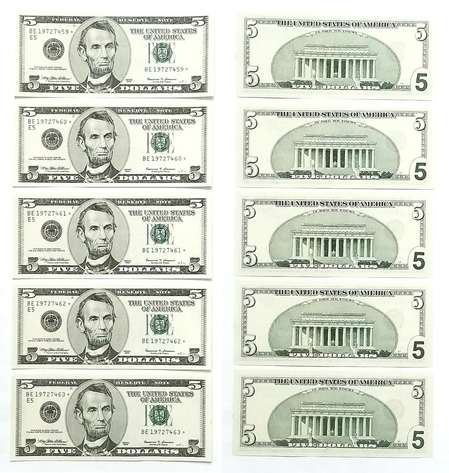 1999 $5 Richmond District Star Note Fr 1987-E* Unc 5 Consecutive Numbers 459-463 - Image 1 of 1