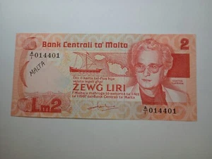 Malta 2 Liri L1967 (1986) Excellent Condition Circulated Crisp Paper Banknote - Picture 1 of 2