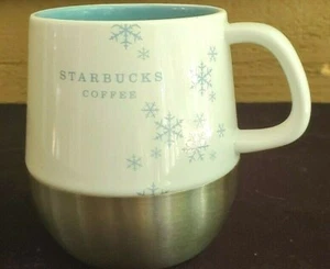 Starbucks Holiday 2007 Coffee Mug Cup White Blue Snowflakes Stainless Steel - Imagen 1 de 7