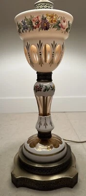 BOHEMIAN CASED GLASS CAMEO CUT PINK MANTLE LUSTER TABLE LAMP HAND PAINTED FLORAL - Image 1 of 4