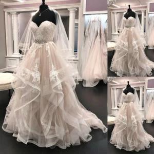 Champagne Wedding Dresses with Belt Strapless Ruffles Lace Applique Bridal Gowns - Picture 1 of 9