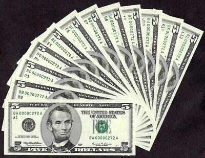 🇺🇸(12) DISTRICTS SET 1999 $5 W/MATCHED  LOW S/N  ♚♚00000272♚♚ GEM UNC - Image 1 of 2