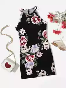 Girls Floral Print Scallop Edge Halter Dress Choose Your Size New - Picture 1 of 5