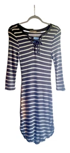 Heart & Hips Dark Green/White Striped Fitted Dress ~ Drawstring Neckline ~  Sz M - Picture 1 of 6