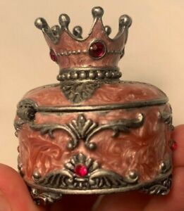 Marbled Pink Enamel & Pewter CROWN Top Trinket Box Ruby Rhinestones & Hinged Lid