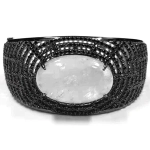 Meher's SS Rainbow Moonstone & Black Spinel Hinged Bangle w / Double Safety Lock - Imagen 1 de 5