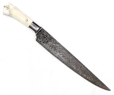Dagger Knife Hand Engraved Damascus Steel Blade Natural Chip Handle Kitchen j483 - Image 1 of 4