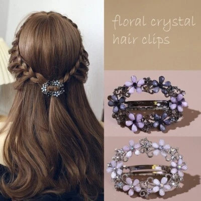 Floral hair clip grip hairpin clasp rhinestone crystal barrette sparkly bridal - Image 1 of 4