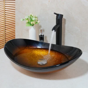 FA Oval Bathroom Black Glass Vessel Sinks Wash Basin Combo Mixer Taps Drain Set - Picture 1 of 9